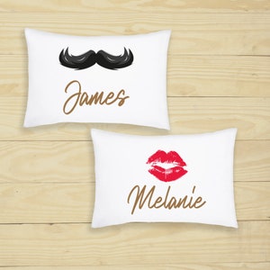 PERSONALISED Pair of Cushion Cover Pillowcase Moustache and Lips Gift for Couples Custom Valentines Day Wedding Anniversary Gift