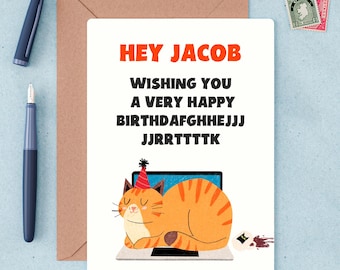Funny Cat Birthday Card | Personalised Cat on Laptop Card, Sarcastic Humour for Her, Friend, Girlfriend