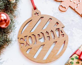 Personalised Wooden Christmas Bauble | Custom Name Ornament | Laser Cut Plywood Tree Decoration