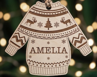 Personalised Christmas Tree Decoration, Wooden Christmas Jumper Bauble with Any Name, Laser Engraved Basswood Keepsake, Fair Isle Ornament