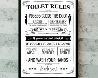 Funny Bathroom Art | Toilet Rules Poster, Bathroom Wall Decor, Restroom Wall Art Print