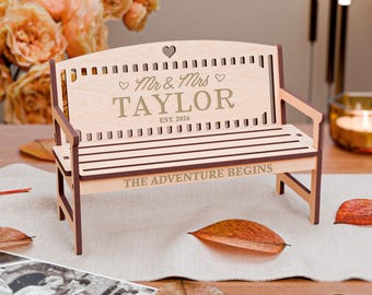 Personalised Wedding Anniversary Gift, Mini Wooden Memory Bench Keepsake, Unique Couples Present, Handmade UK Mr & Mrs Engraved Ornament