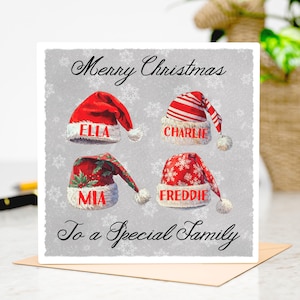 Merry Christmas To A Special Family Personalised Greeting Card - Custom Names on Santa Hats - Festive Holiday Card for Families