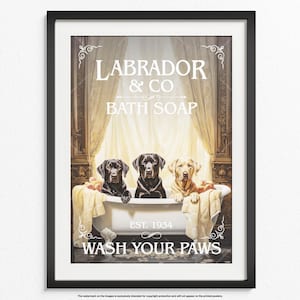 Arte de pared para baño - 20 diseños y 8 tamaños - Póster vintage decorativo - Perros y gatos en la bañera - Regalo para perros y gatos - 19 razas de perros populares + Gato negro