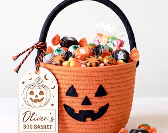 Personalised Halloween Boo Basket Tag, Wooden Name Tag with Any Name, 6 Design Options, Laser Engraved Trick or Treat Basket Label