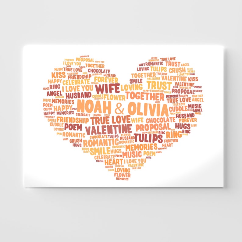 Puede incluir: Una impresi&oacute;n en forma de coraz&oacute;n sobre un fondo blanco con los nombres Noah & Olivia en el centro. El dise&ntilde;o est&aacute; compuesto por varias palabras rom&aacute;nticas en tonos naranja, rojo y amarillo, incluyendo love, trust y valentine.