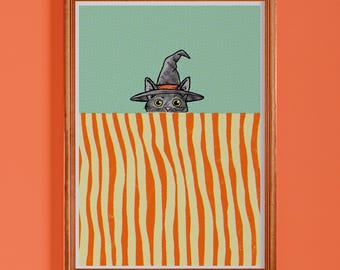 Halloween Black Cat Poster, Cat in Witch Hat Wall Art Print, Hand Drawn Riso Style, Spooky Autumn Decor, Unframed, A5 A4 A3 A2 US Sizes