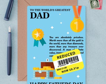 Funny Fathers Day Card, Reduced Price Sticker Joke Dad Gift, Personalised Inside Message, Envelope Included