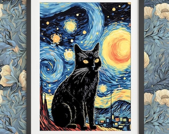 Bathroom Wall Art - 20 Designs & 8 Sizes - Decor Vintage Poster - Vincent van Gogh Inspired - Cat Dog Gift - Popular dog Breeds + Black Cat