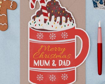Personalised Hot chocolate Christmas card, cosy mug cutout, Holiday Greetings