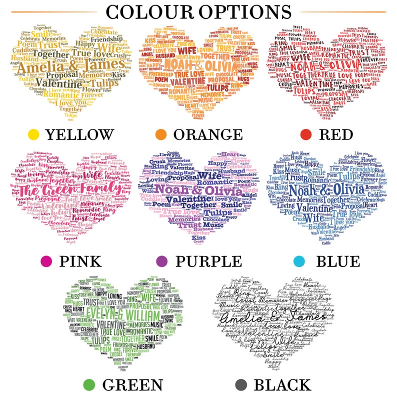 Puede incluir: Una colecci&oacute;n de ocho dise&ntilde;os de arte con palabras en forma de coraz&oacute;n dispuestos en filas, etiquetados con nombres de colores como amarillo, naranja, rojo, rosa, morado, azul, verde y negro. Cada coraz&oacute;n incluye palabras rom&aacute;nticas y nombres.