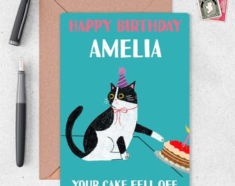 Funny Cat Birthday Card | Personalised Cake Chaos Card, Cat Lover Gift, Humorous Greeting Card