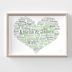 Puede incluir: Un marco rectangular de madera clara que contiene una impresi&oacute;n blanca con palabras dispuestas en forma de coraz&oacute;n. El texto incluye los nombres Amelia & James y varios t&eacute;rminos rom&aacute;nticos en tonos verdes y grises, creando un dise&ntilde;o de nube.
