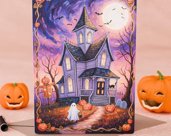パーソナライズされたお化け屋敷のハロウィンカード：封筒付きの不気味なグリーティングカード