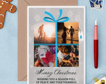 Personalized Christmas Photo Card: Custom Message & Ribbon