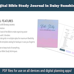 May include: Digital Bible Study Journal in Daisy Sunshine. The journal features a soft pink and blue cover with the words "Bible Study Journal". The journal is open to show the inside pages. The journal is designed for use on all devices and digital planning apps.