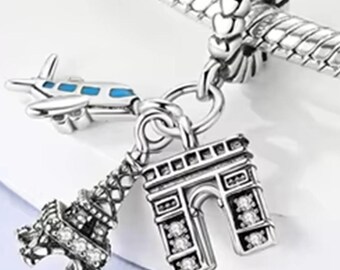 Sterling Silver Eiffel Tower & Plane Charm, Paris Charm, France Charm, Plane Charm, Travel Charm, Tower Charm, Arc de Triomphe, Fits Pandora