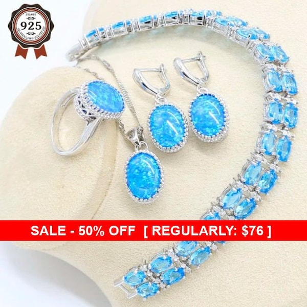 Sterling Silver Blue Opal Necklace Earrings, Bracelet & Ring Set, Opal Necklace, Opal earrings, Opal Ring, Opal Jewelry, Blue Opal, Wedding