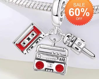 Sterling Silver Radio, Cassette & Microphone Charm, Music Charm, Boombox Charm, Microphone, Retro, Music Radio, 90s, Boombox, Fits Pandora