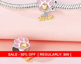 Sterling Silver Love Charm, Paw Print Charm, Dog Charm, Dog Mom, Paw Charm, Silver Paw Print, Animal Lover Charm, Fits Pandora, Pink CZ