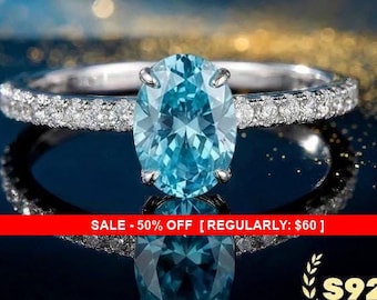 Sky Blue Cubic Zirconia Ring Sterling Silver S925, Sparkling Oval CZ Ring, Affordable Engagement Ring, Statement Jewelry