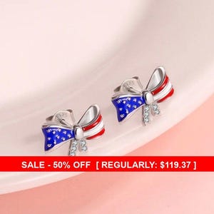 Sterling Silver USA flag bow earrings, flag earrings, patriotic earrings, patriotic jewelry, memorial day, 4th of july, USA jewelry, flag