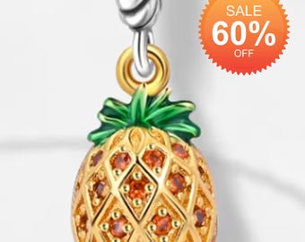 Sterling Silver & Gold Pineapple Charm, Pineapple Jewelry, Silver Pineapple, Tropical Charm, Food Charm, Yellow Pineapple, Fits Pandora