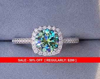 Sterling Silver Teal Green Moissanite Halo Ring, Cushion Halo Engagement Ring, Blue Moissanite, GRA Certified, Promise Ring, Gift for Her