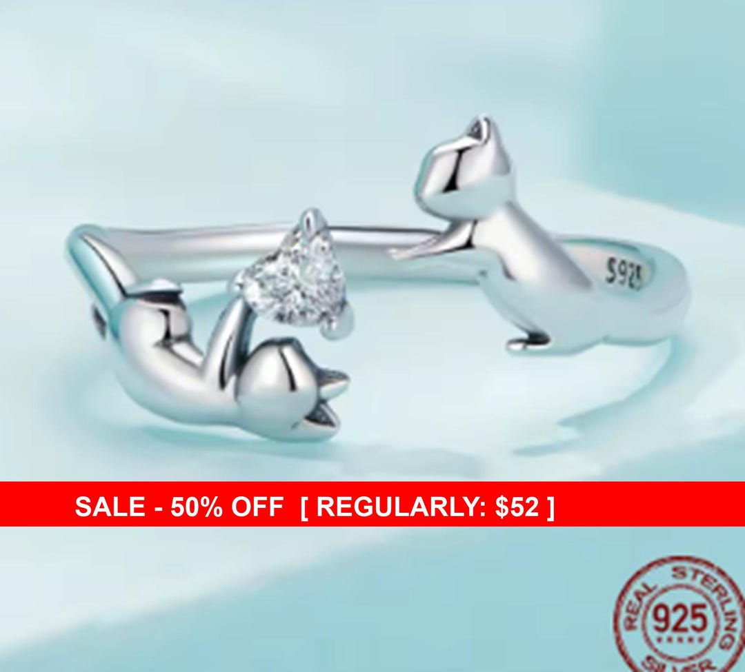 Sterling Silver Adjustable Cats Ring, Pet Jewelry, Cat Lady, Cats Ring ...