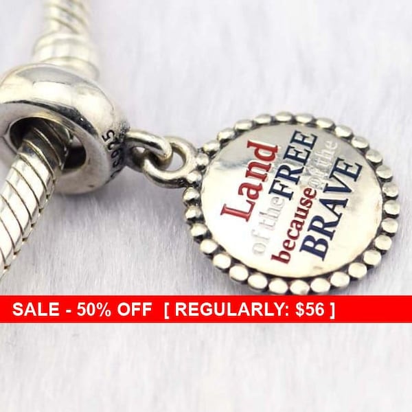 Sterling Silver Patriotic Land of The Free Charm, USA charms, American Charm, July 4th charm, Patriotic Jewelry, Patriotic, Fits Pandora