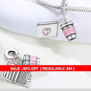 Sterling Silver Laptop & Coffee Charm, Computer Charm, Coffee Charm, Coffee, Career Charm, Career, Computers, Laptop, Fits Pandora