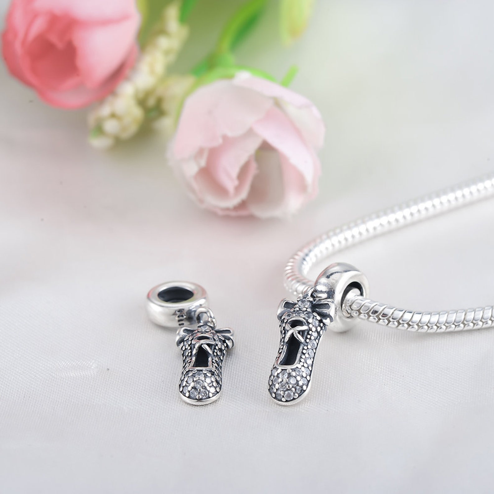 sterling silver ballet shoe charm, ballet charm, ballerina charm, shoe charm, ballet pendant, ballet necklace, fits pandora brac