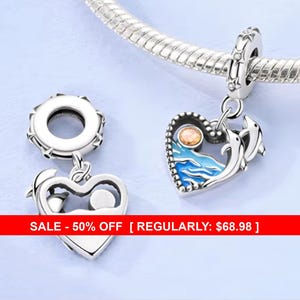 Sterling Silver Dolphins & Ocean Charm, Dolphin Jewelry, Ocean charm, Dolphin Gift, Small Dolphin Charm, Fits Pandora, Dolphins, Nautical