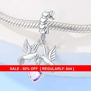 Sterling Silver Doves Charm, Bird Charm, Peace Charm, Dove Bracelet, Peace Dove, Heart Charm, Sterling Bird Charm, Fit Pandora, Doves