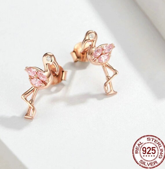 Sterling Silver Rose Gold Flamingo Earrings Bird Earrings Bird Jewelry Nature Earrings Bird Gift Bird Charm Bird Lover Fits Pandora Etsy
