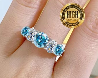 Sterling Silver 3.6 CT Blue & Clear Moissanite Ring, Moissanite Diamond, Moissanite, Blue Topaz, Moissanite, Wedding, GRA Certificate