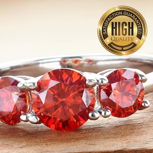 4 Ct Red Moissanite Ring Sterling Silver & 18K Gold Plating Three Stone Ring | Red Gemstone | Engagement Ring Alternative | Anniversary Gift