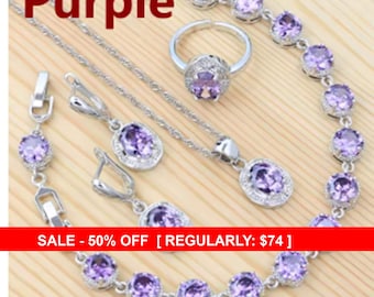 Purple Amethyst Cubic Zirconia Jewelry Set Sterling Silver, Matching Necklace Bracelet Earrings Ring Set, Bridal Wedding Jewelry