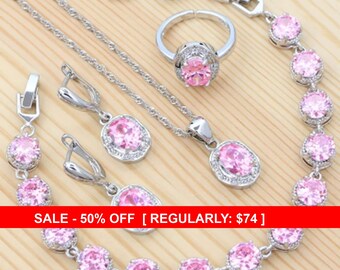 Pink Cubic Zirconia Jewelry Set Sterling Silver, Matching Necklace Bracelet Earrings Ring Set, Bridal Wedding Jewelry