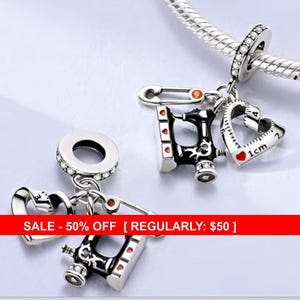Sterling Silver Sewing Machine, Safety Pin, Measuring tape, Sewing Charm, Safety Pin, Button, Pin Cushion, Safety Pin, Fits Pandora, sewing