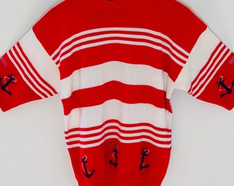 80s Red & White Striped Anchor Short Sleeved Sweater