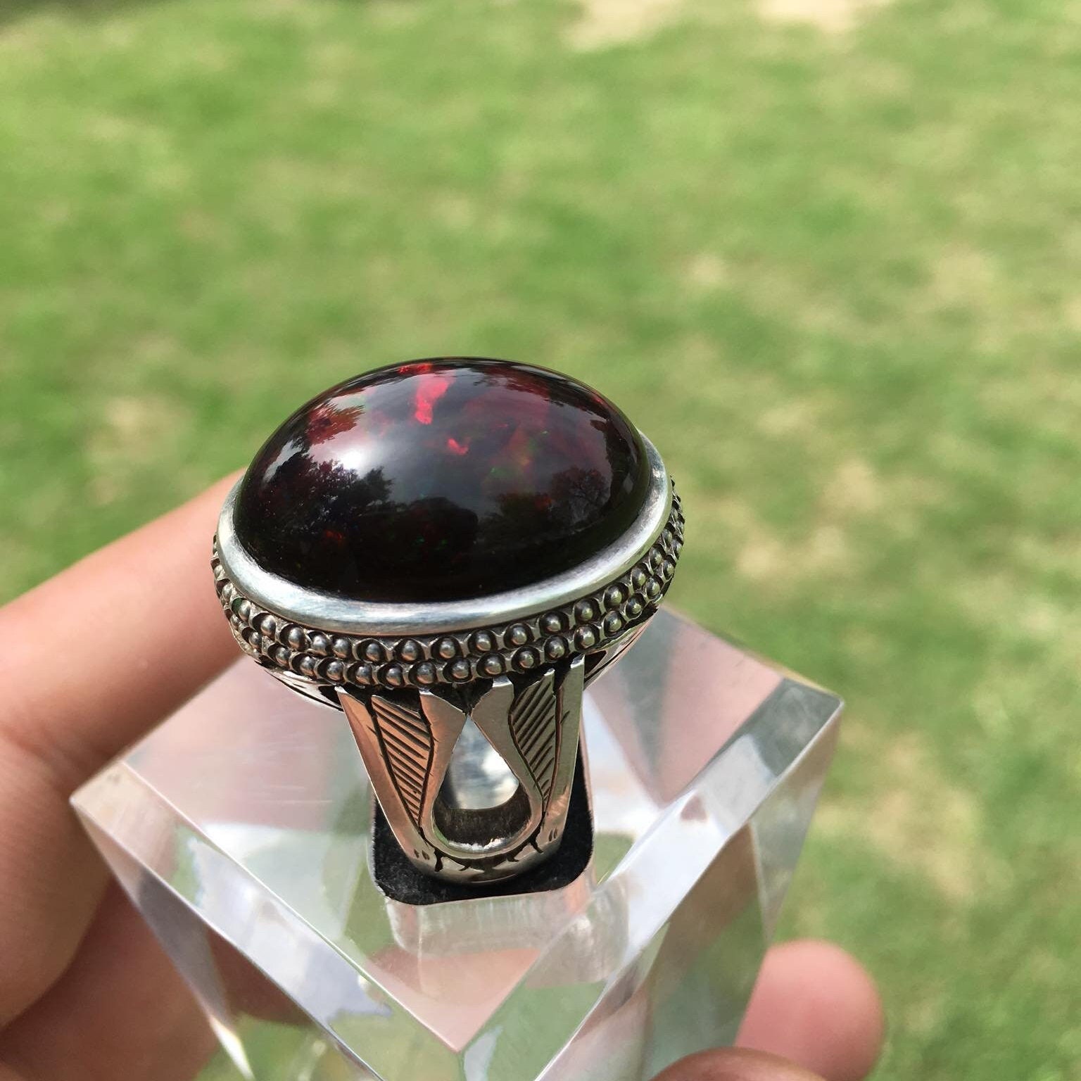 Cabochon Style Original Fire Black Opal Stone Sterling Silver Ring Real Fire Black Opal Stone Ring Genuine Opal Fire Black Ring