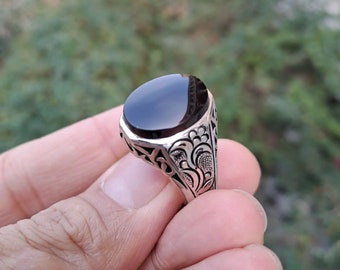 Hashbi Kabadi Black Yemeni Aqeeq Akik Stone Silver Ring Natural Haqeeq Ring Mens