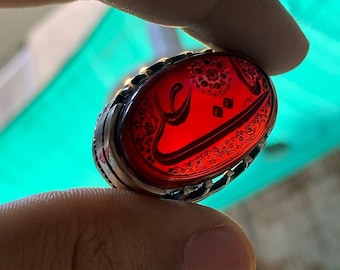 YA Ali Engraved On Natural Yemeni Aqeeq Haqeeq Stone Ring Blood Red Underlight
