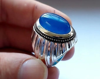 Blue Yemeni Aqeeq Akik Silver Ring Natural Blue Yamani Haqeeq Ring Men Real Akik