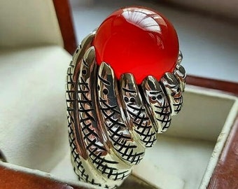 Blood Red Yemeni Aqeeq Stone Ring Natural Yamani Akik Shia Ring Original Yamni Haqeeq Stone Sterling Silver Handmade Ring Blood Red Aqeeq