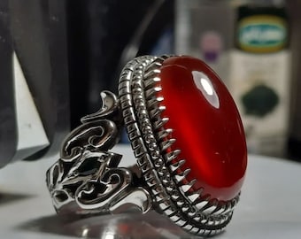 Xmas Gift New Year Gift Yemeni Aqeeq Akik Haqeeq Sterling Silver Ring Blood Red