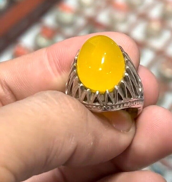 Yellow Stone Ring for Men Agate Stone Yellow Ring Zard Aqeeq Real Yellow Aqeeq