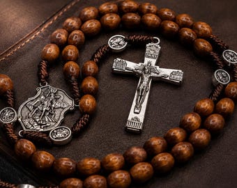 St. Michael Rosary Beads, Strong and Lightweight, Handmade Wooden Catholic Rosary Necklace, Catholic Gift Rosaries
