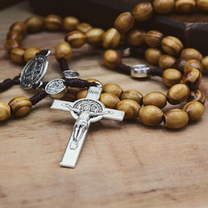 Olive Wood St. Benedict Rosary Beads, Hand made Wooden Catholic Rosary Necklace - Monastic Collection Rosaries